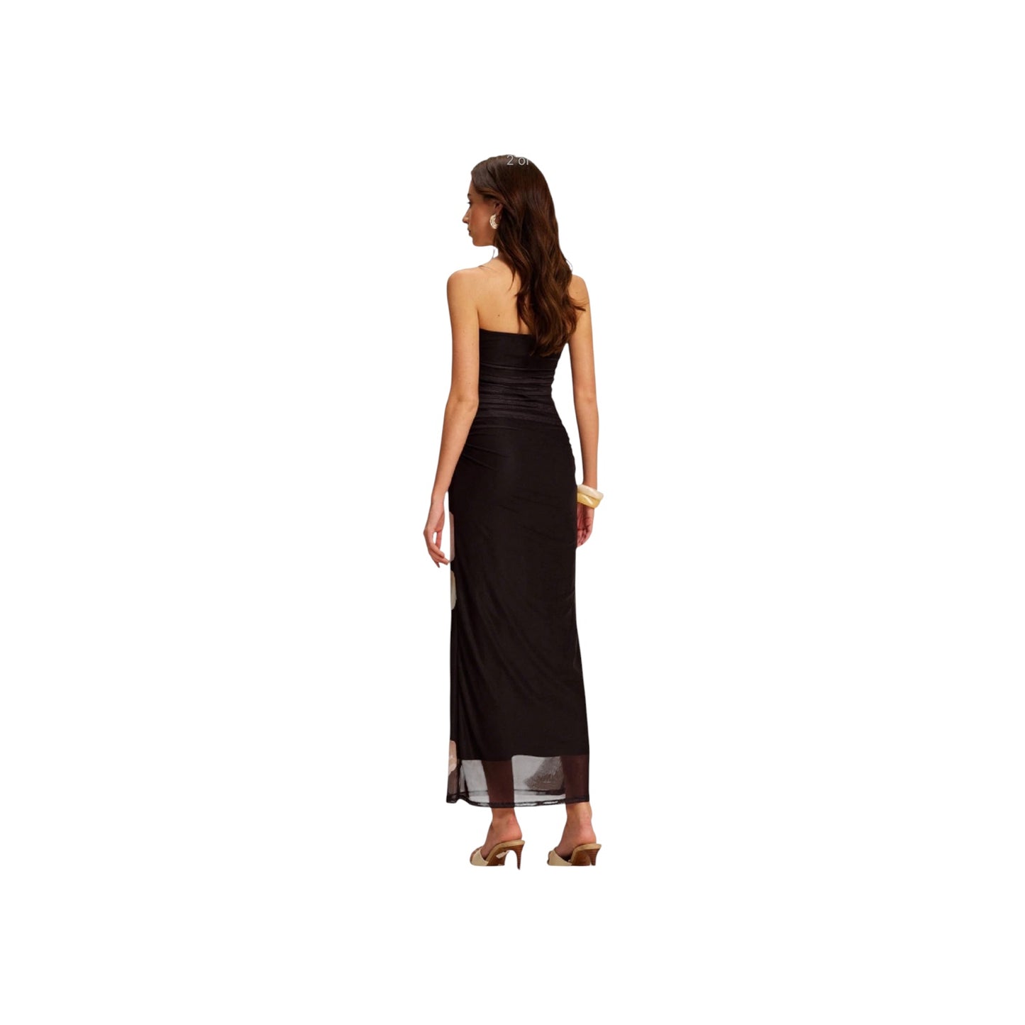 Semi-Sheer Strapless Ruched Floral Mesh Dress - Commense
