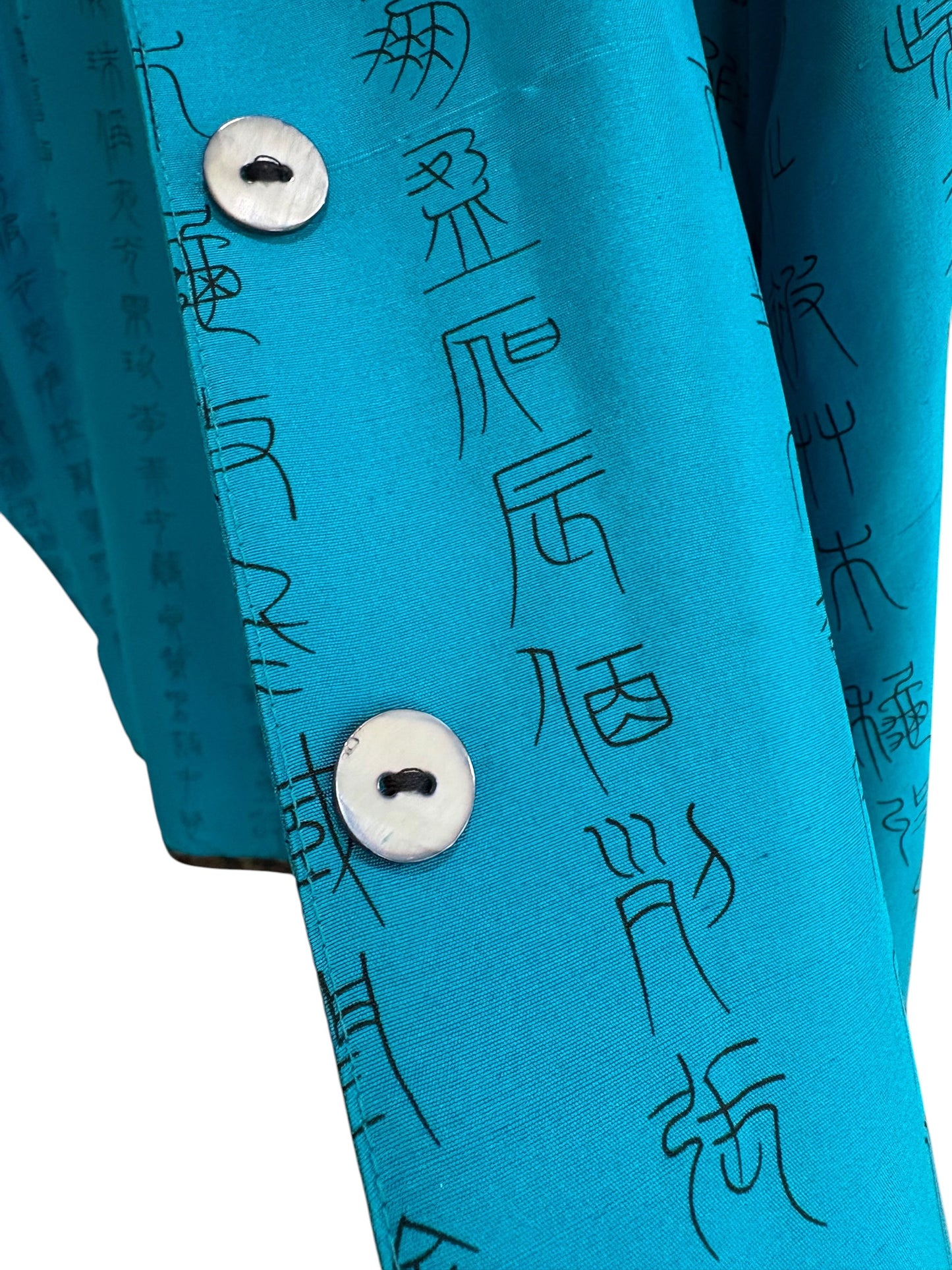 Vintage Chico’s Design 100% Silk Shirt-Jacket Turquoise Chinese Calligraphy Print Mandarin Collar Brocade Trim Size 0