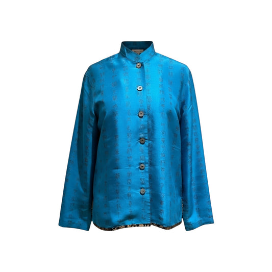 Vintage Chico’s Design 100% Silk Shirt-Jacket Turquoise Chinese Calligraphy Print Mandarin Collar Brocade Trim Size 0