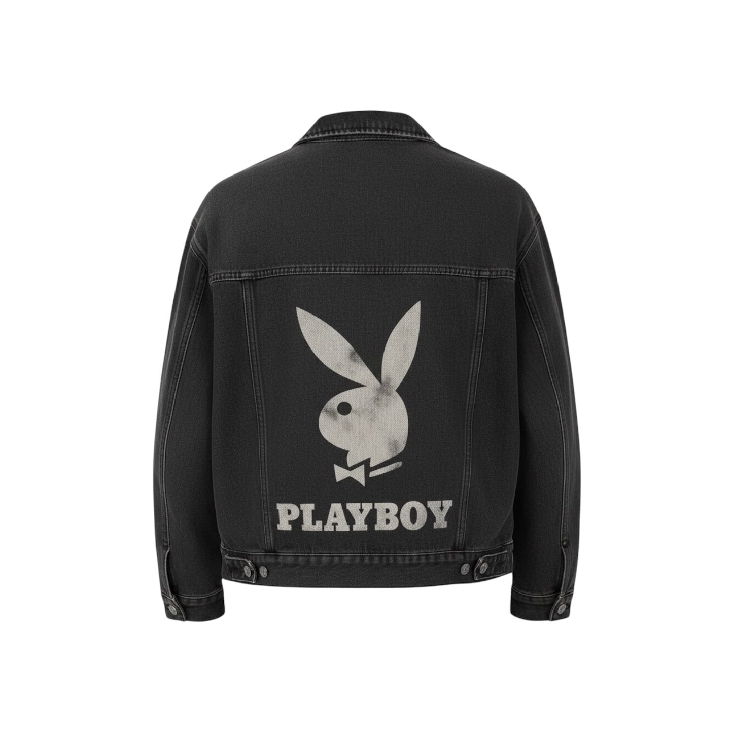 Playboy by PacSun Black Denim Trucker Jacket — Bunny Logo Back Graphic, XS/S- Preloved