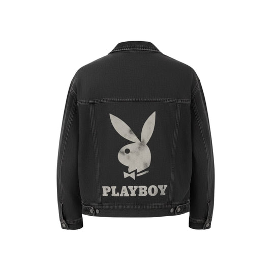 Playboy by PacSun Black Denim Trucker Jacket — Bunny Logo Back Graphic, XS/S- Preloved