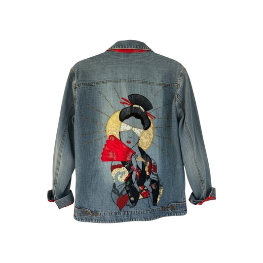 Vintage Chico’s Designed Denim Jacket Sequin Geisha Embroidery Appliqué US 8-10
