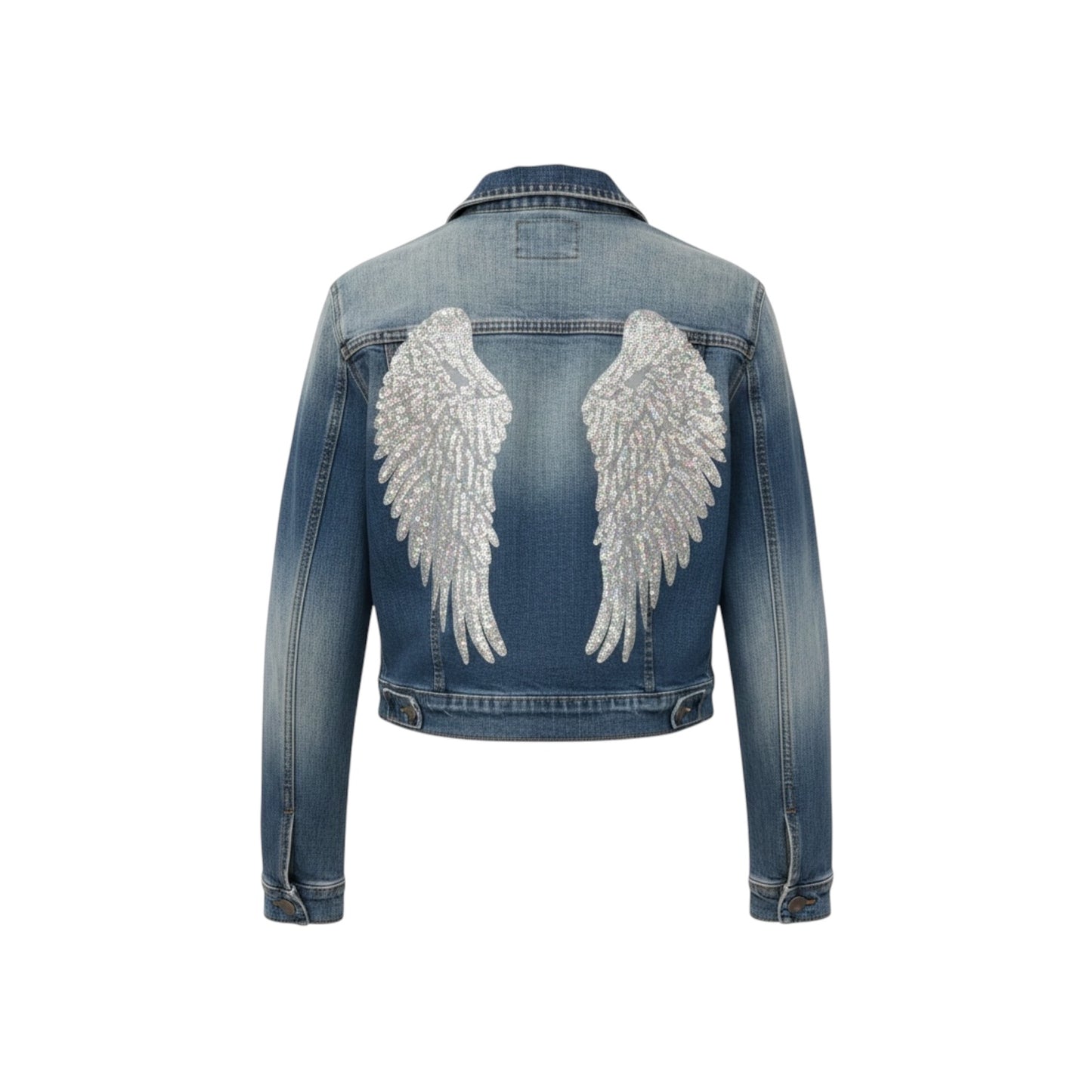 Sequin Angel Wing Embellished Denim Jacket Women’s M Distressed Trucker