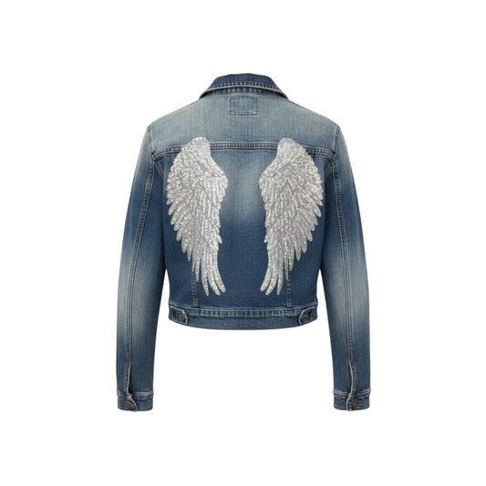 Sequin Angel Wing Embellished Denim Jacket Women’s M Distressed Trucker