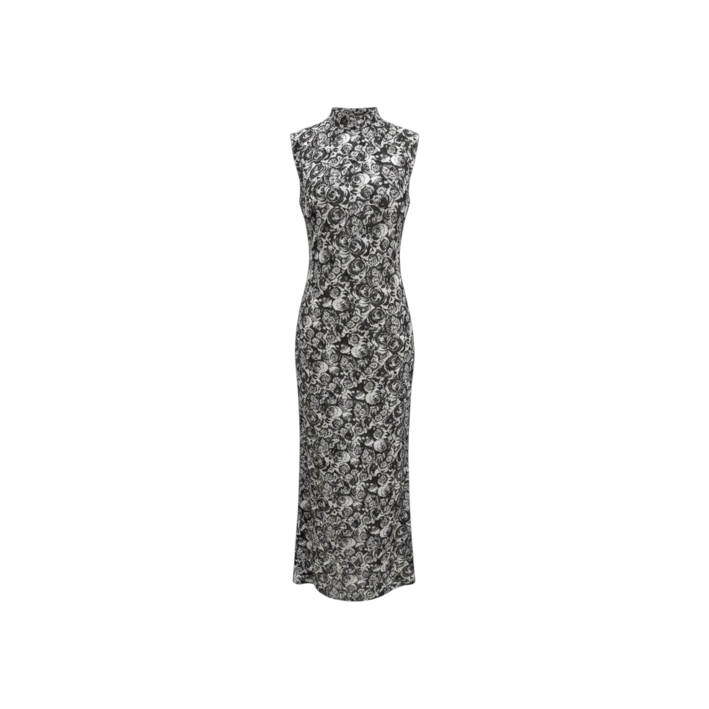 Betsey Johnson Midi Dress Black White Rose Floral Sleeveless Side Slit