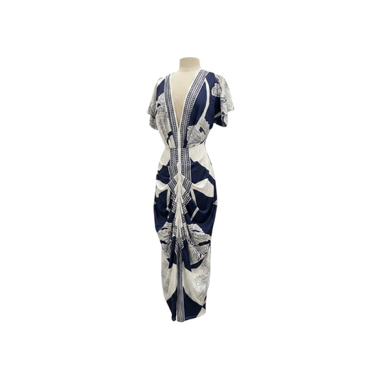 Commense Navy Ivory Palm Print Deep V Maxi Dress w/ Front Slit Size M