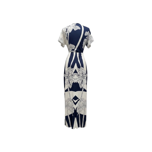 Commense Navy Ivory Palm Print Deep V Maxi Dress w/ Front Slit Size M