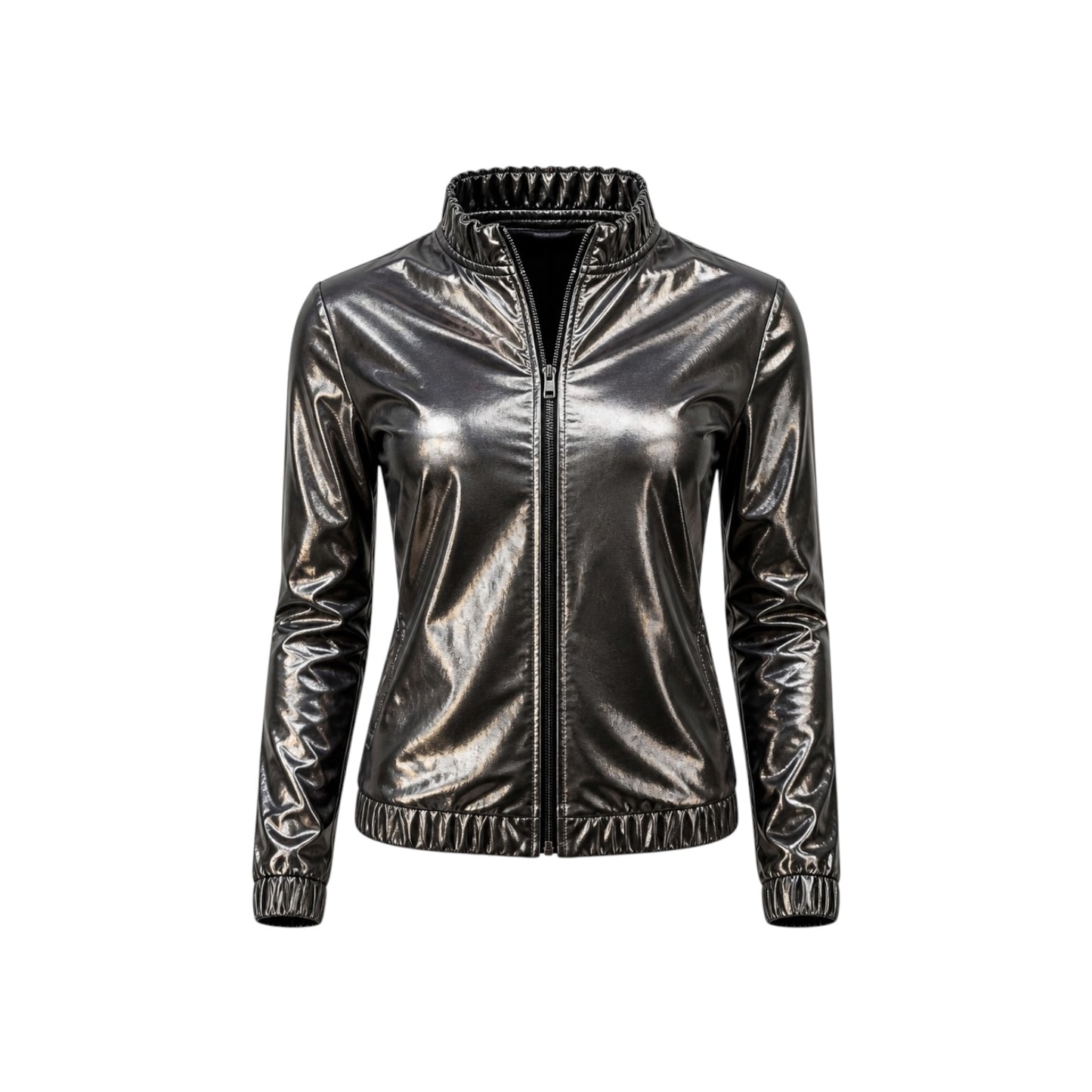 Metallic Gunmetal Silver Zip-Up Jacket Women’s XS Futuristic Windbreaker Moto Style - Preloved