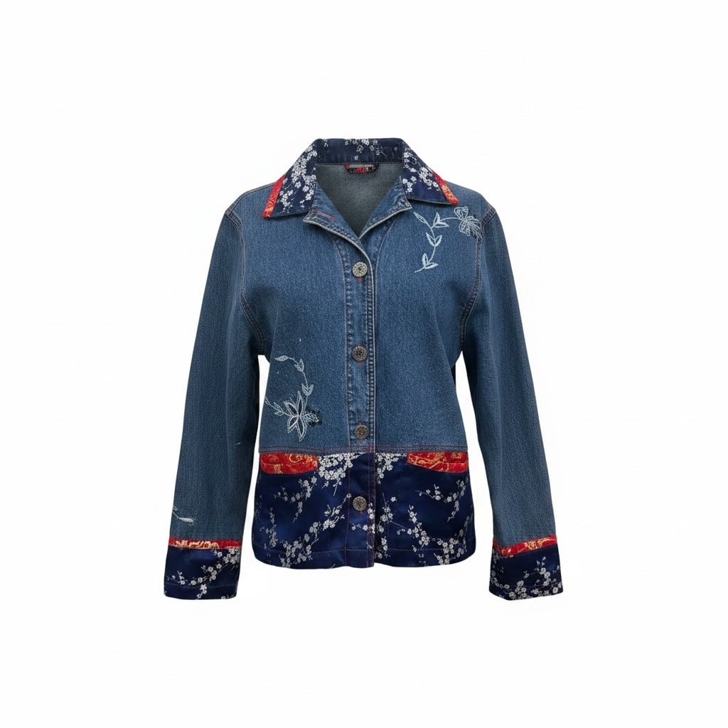 Vintage Chico’s Design Denim Jacket Size 0 (S-4) Asian Floral Embroidered Brocade Trim 90s