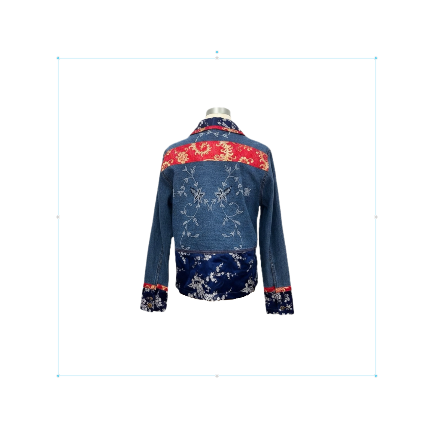 Vintage Chico’s Design Denim Jacket Size 0 (S-4) Asian Floral Embroidered Brocade Trim 90s