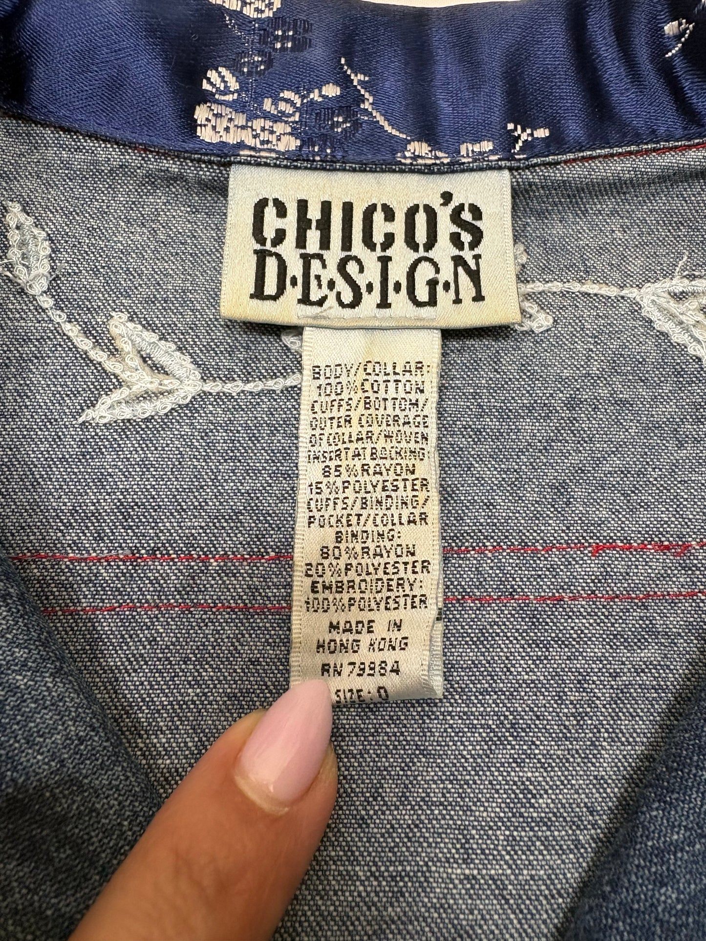 Vintage Chico’s Design Denim Jacket Size 0 (S-4) Asian Floral Embroidered Brocade Trim 90s
