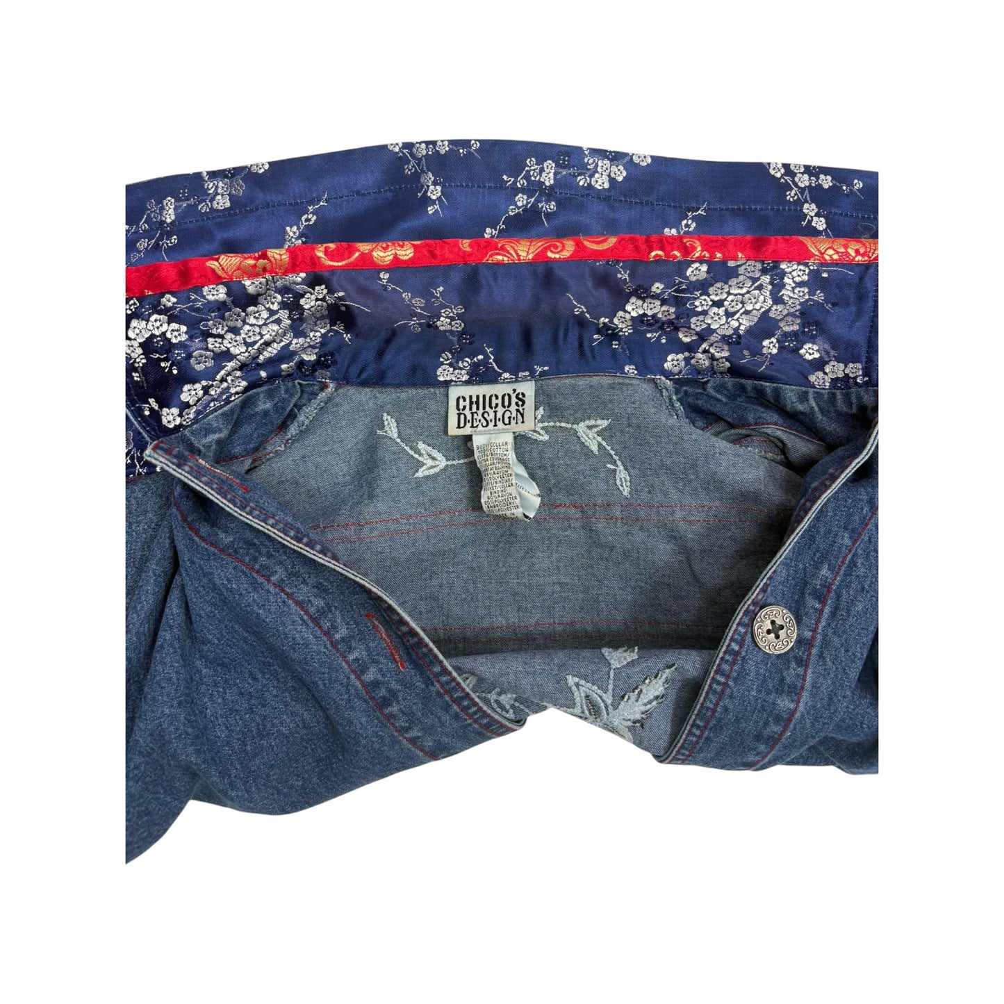 Vintage Chico’s Design Denim Jacket Size 0 (S-4) Asian Floral Embroidered Brocade Trim 90s
