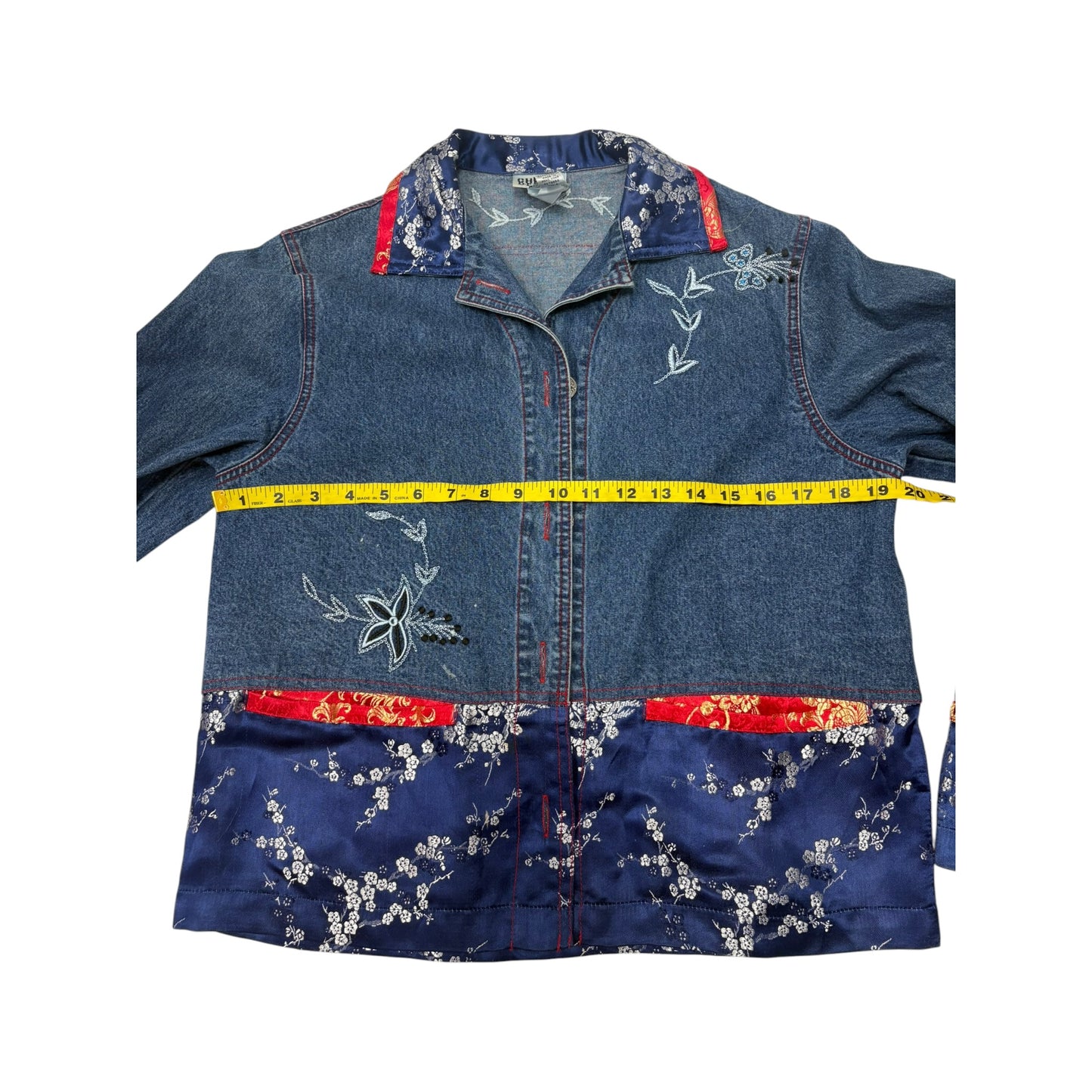 Vintage Chico’s Design Denim Jacket Size 0 (S-4) Asian Floral Embroidered Brocade Trim 90s