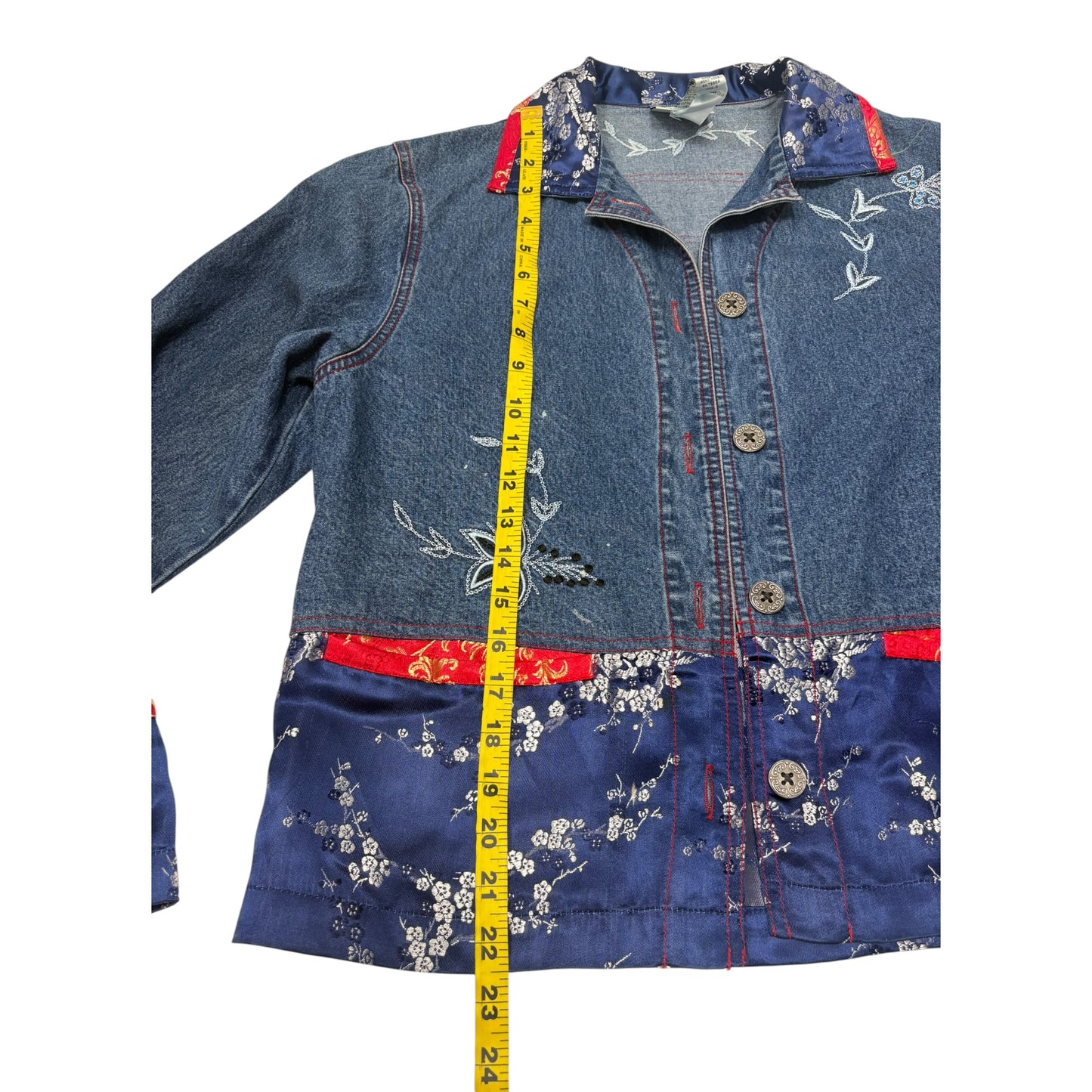 Vintage Chico’s Design Denim Jacket Size 0 (S-4) Asian Floral Embroidered Brocade Trim 90s