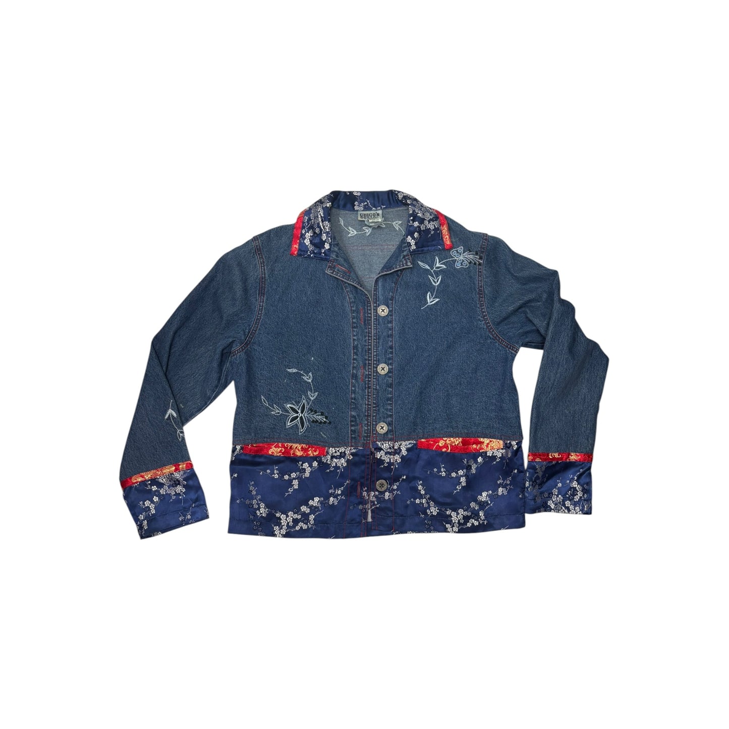 Vintage Chico’s Design Denim Jacket Size 0 (S-4) Asian Floral Embroidered Brocade Trim 90s
