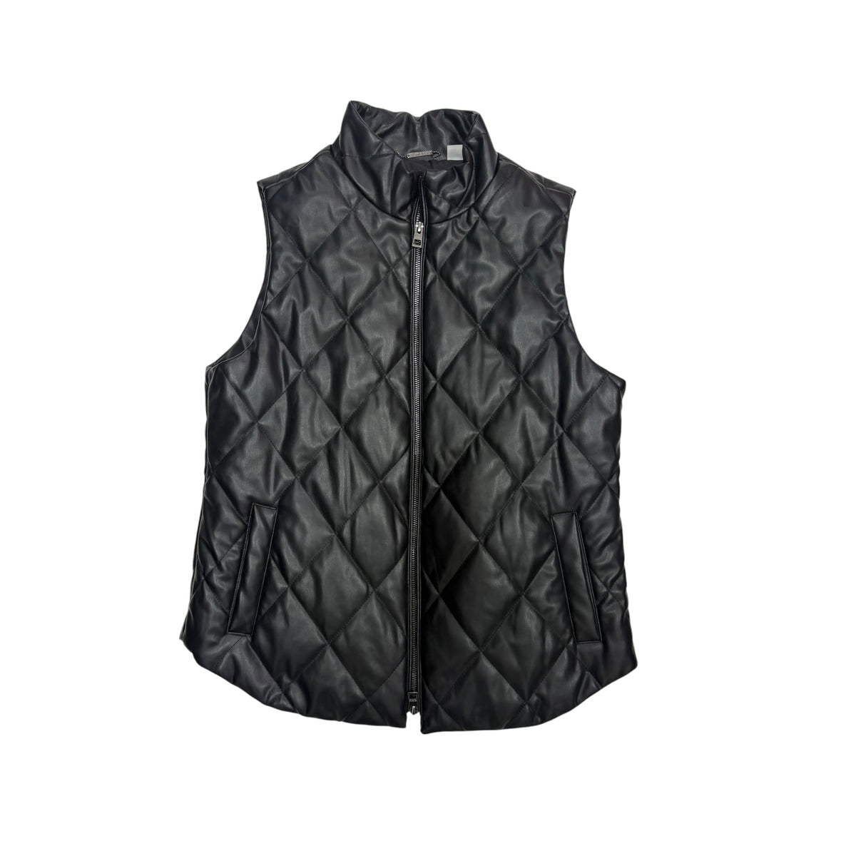 Chico’s Quilted Faux Leather Moto Vest Women’s Size 1 (M-8/10) Black Zip Front Preloved