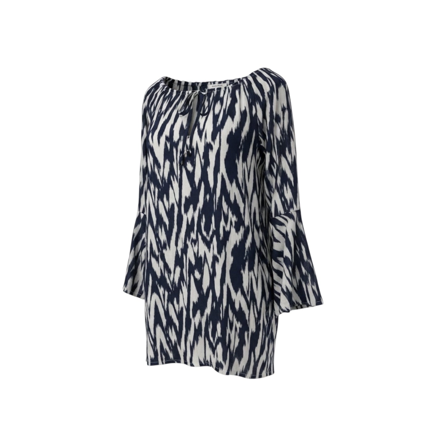 Anne Cole Tunic Dress Navy White Ikat Print Tie Neck Bell Sleeve Cover Up NWT