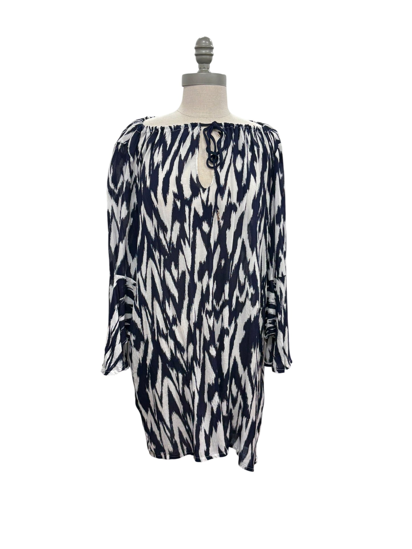 Anne Cole Tunic Dress Navy White Ikat Print Tie Neck Bell Sleeve Cover Up NWT