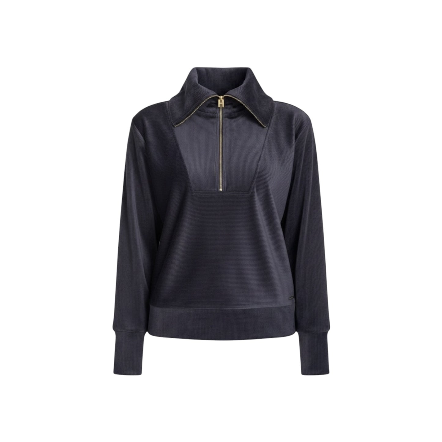 Halston Velour Quarter Zip Pullover Womens Navy Ribbed Funnel Neck NWT