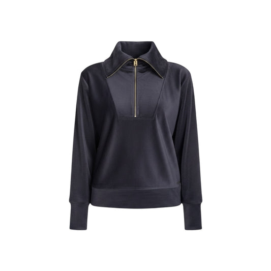 Halston Velour Quarter Zip Pullover Womens Navy Ribbed Funnel Neck NWT