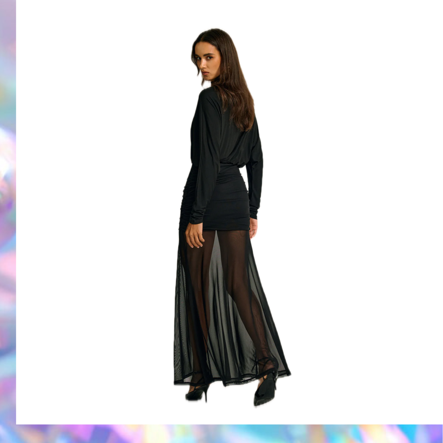 Commense Turtleneck Long Sleeve Drape Ruched Mesh Dress