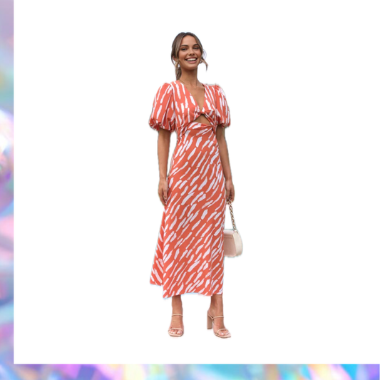 Commense Stripe Pattern Cutout Long Dress