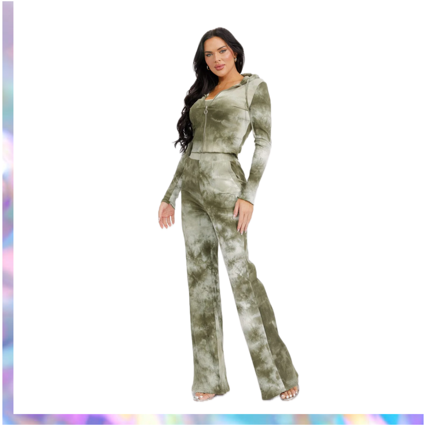 Rosevelvet Women’s Tie Dye Set With Long Sleeve Cardigan, Crop Top & Wide Leg Pants