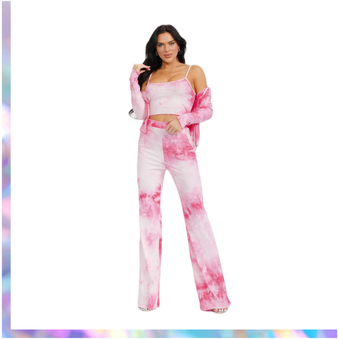 Rosevelvet Women’s Tie Dye Set With Long Sleeve Cardigan, Crop Top & Wide Leg Pants