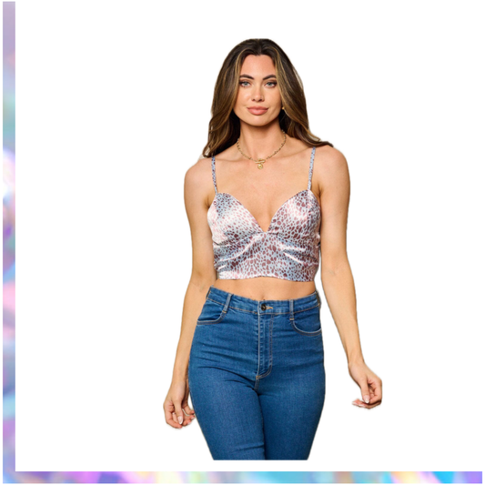 PenolopeProject WOMEN'S SLEEVELESS V-NECK SMOCK ANIMAL PRINT CROP TOP