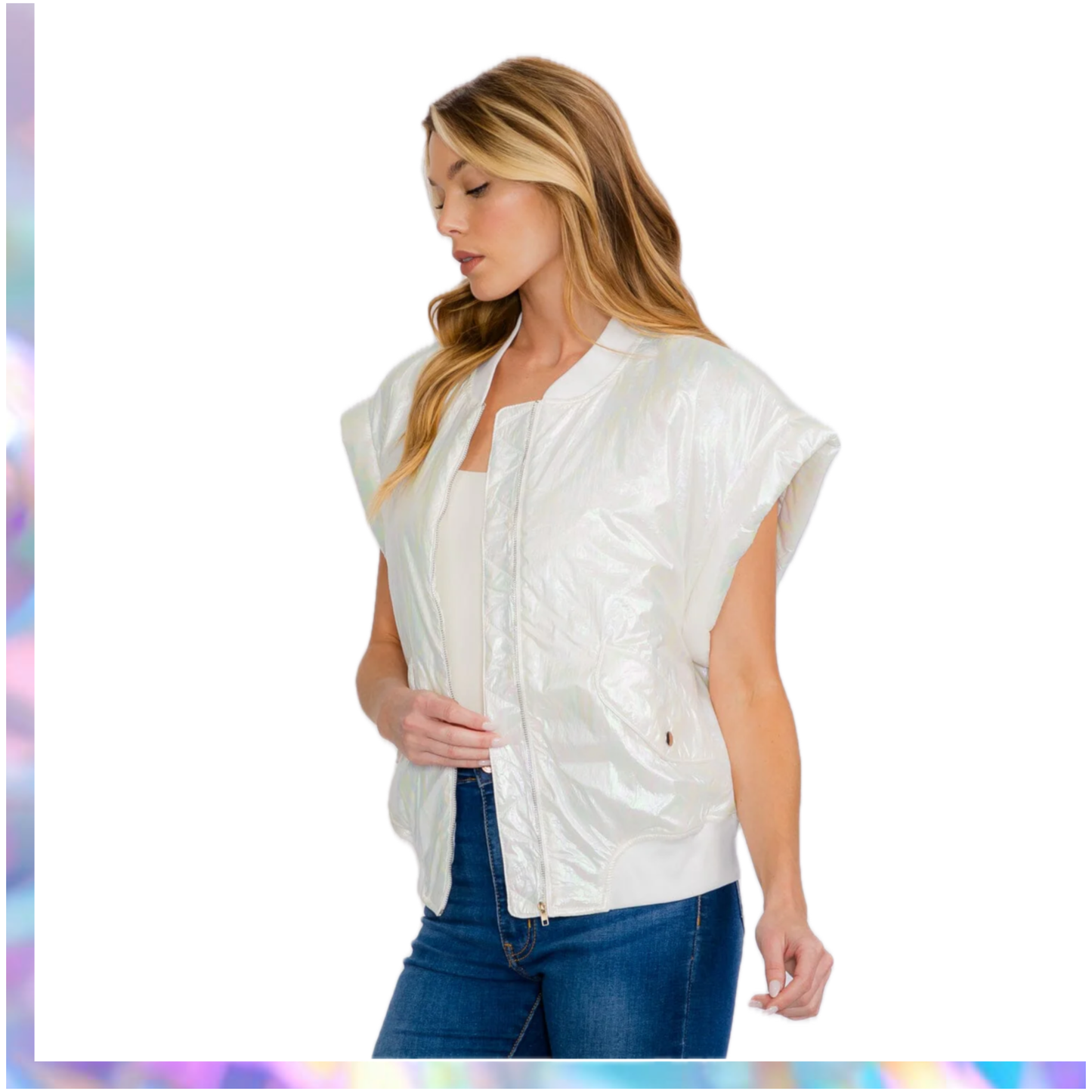 Fantastic Fawn - WOMEN'S SLEEVELESS ZIP UP FRONT POCKETS METALLIC VEST