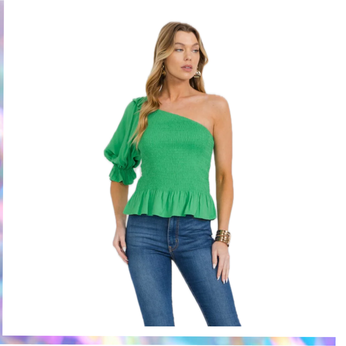 Vine & Love-WOMEN'S ONE SHOULDER SMOCK RUFFLE PEPLUM TOP