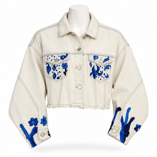 American Bazi Harmony Floral Embroidered Crop Denim Jacket Size Medium Preloved
