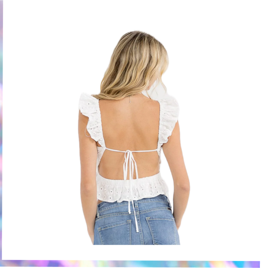 LILOU-WOMEN'S SLEEVELESS OPEN BACK EYELT PEPLUM TANK TOP