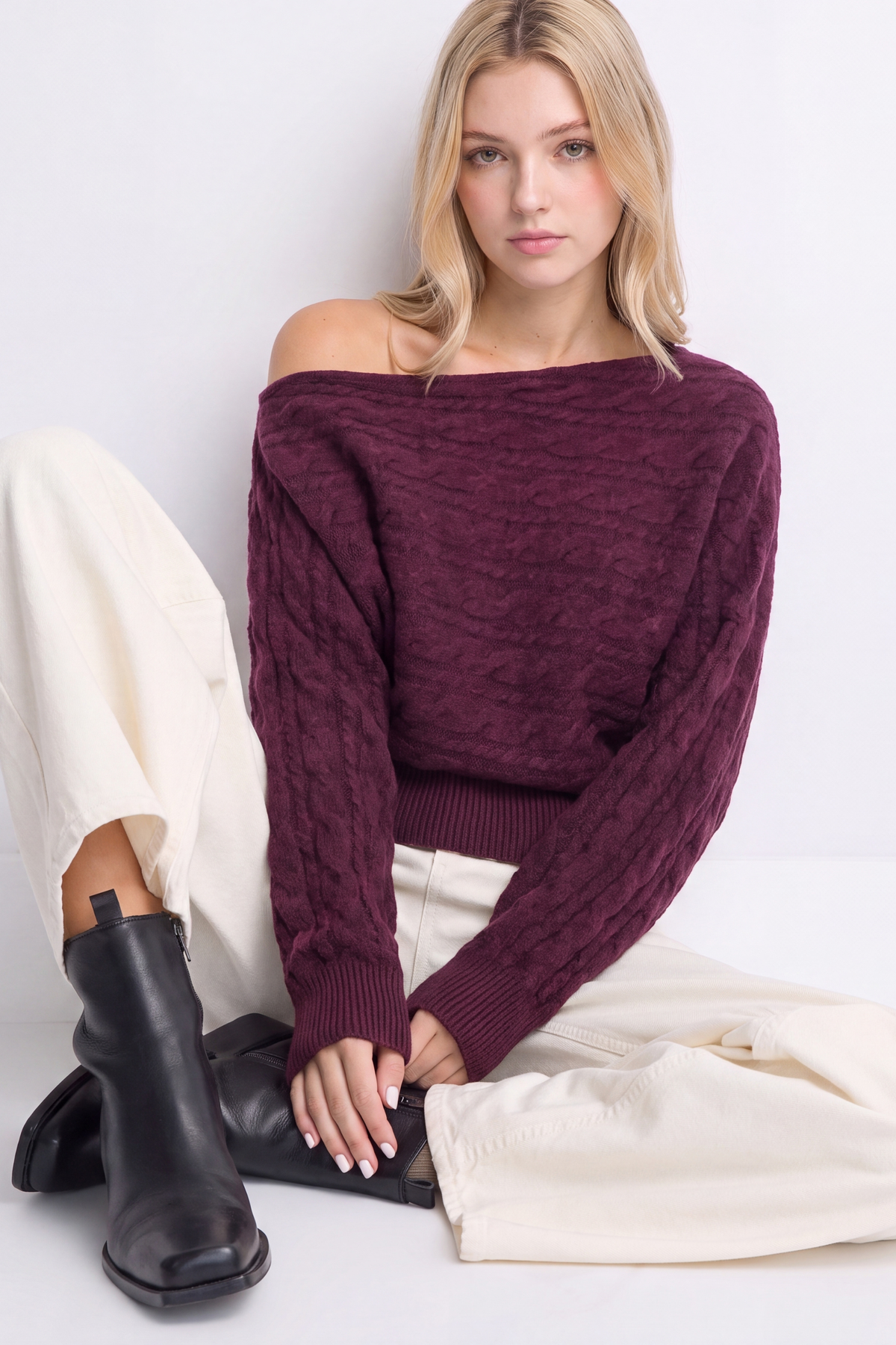 Asymmetric Cable-Knit Off-Shoulder