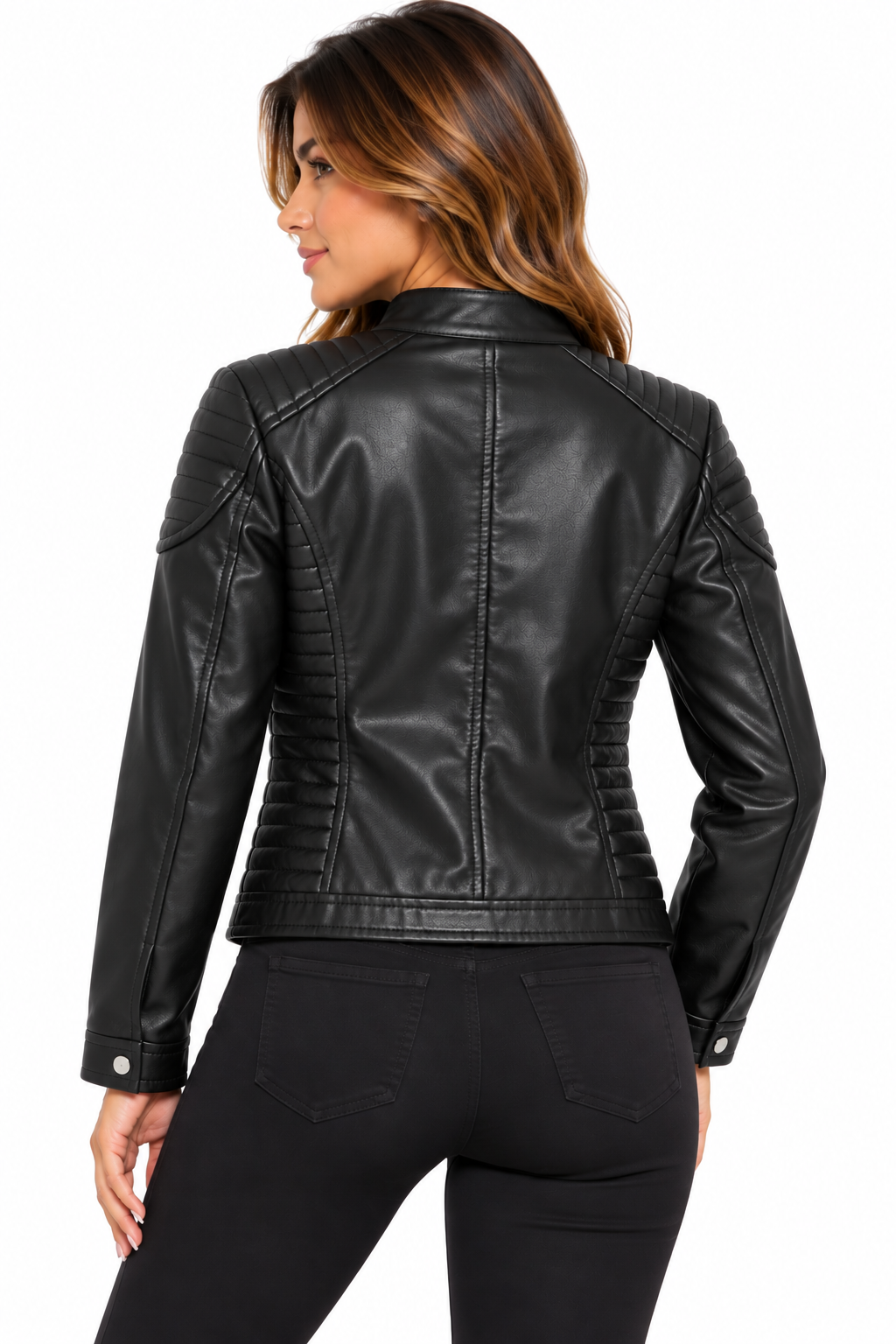 Faux leather pu zipper jacket with light fur lining