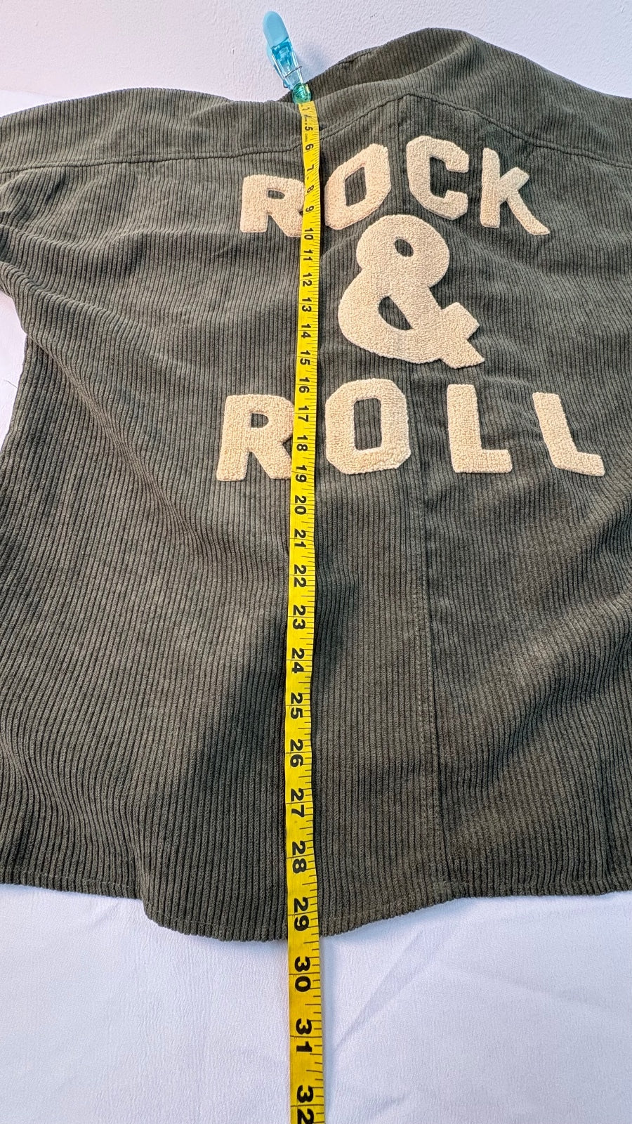 Women's Olive Green Corduroy Shirt Jacket Size S with Rock & Roll Back Design Preloved