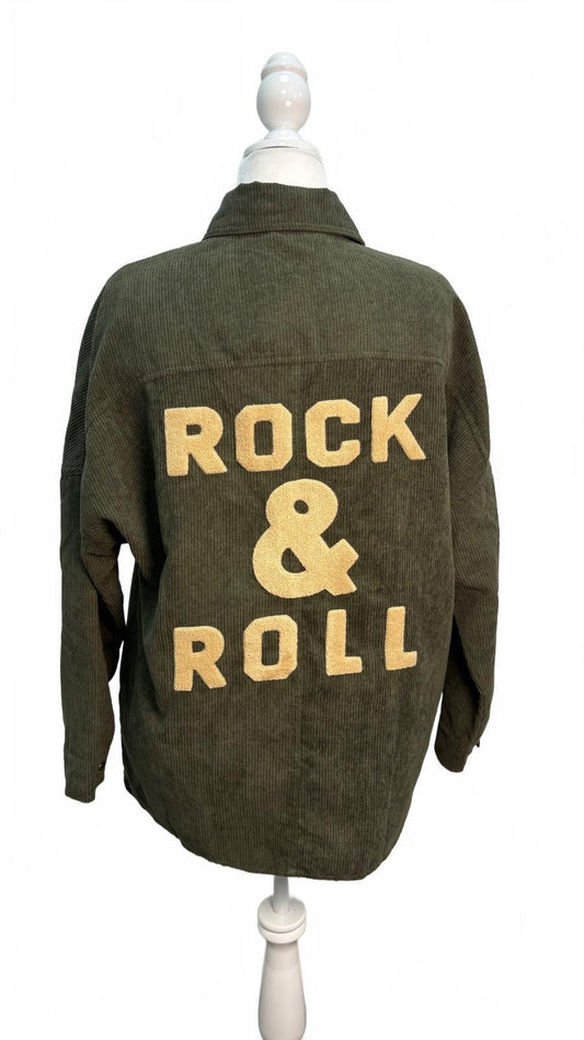 Women's Olive Green Corduroy Shirt Jacket Size S with Rock & Roll Back Design Preloved