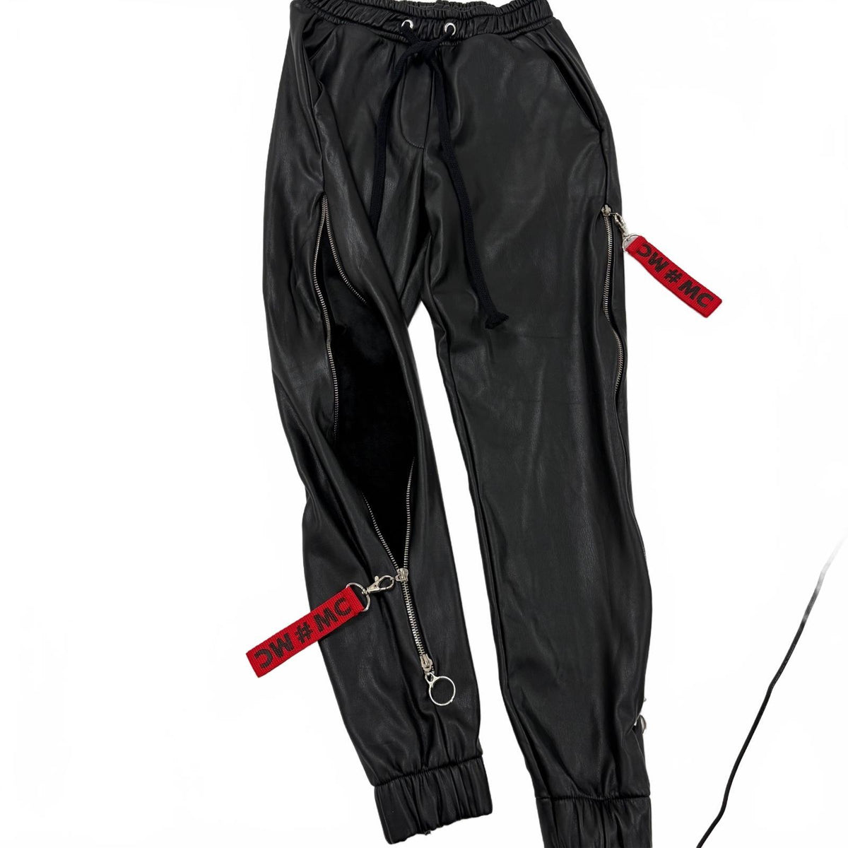 Miss City Women's Black Faux Leather Jogger Pants - Zipper Details Size Medium - Preloved