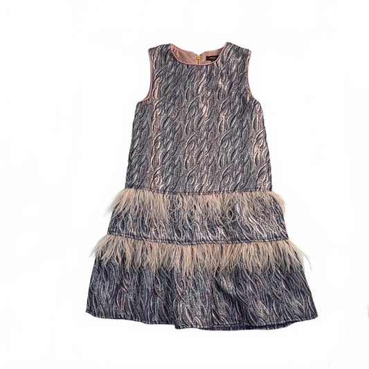 Imoga Girls' Size 10 Sleeveless Metallic Textured Dress with Feather Trim NWOT