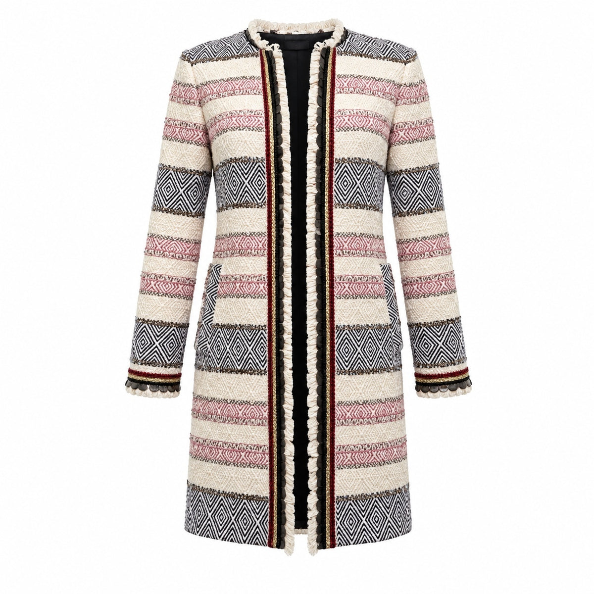Zara Woman Striped Tweed Long Coat with Fringe Detail Size Small-Preloved