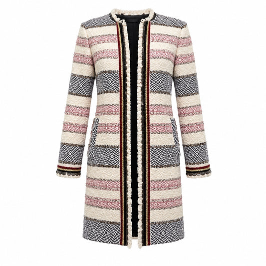 Zara Woman Striped Tweed Long Coat with Fringe Detail Size Small-Preloved
