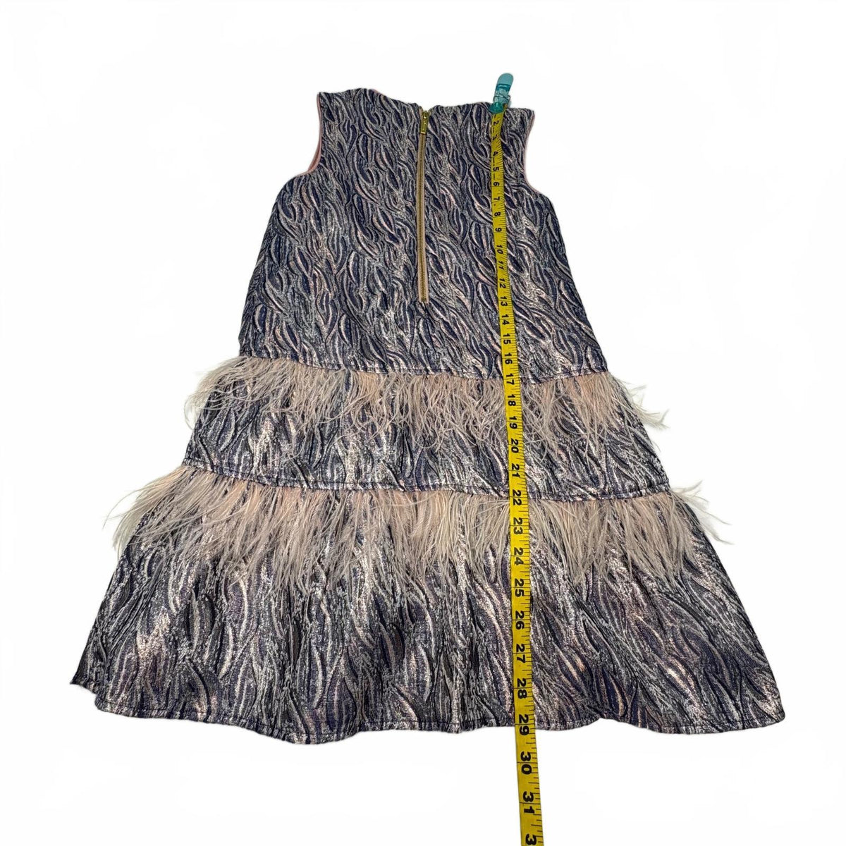 Imoga Girls' Size 10 Sleeveless Metallic Textured Dress with Feather Trim NWOT