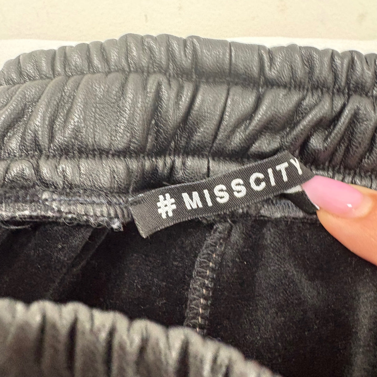 Miss City Women's Black Faux Leather Jogger Pants - Zipper Details Size Medium - Preloved