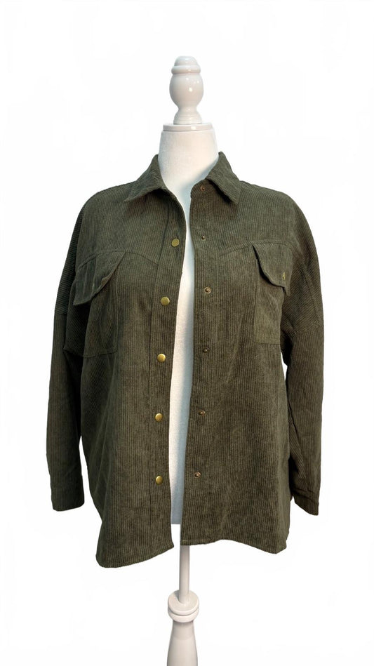 Women's Olive Green Corduroy Shirt Jacket Size S with Rock & Roll Back Design Preloved