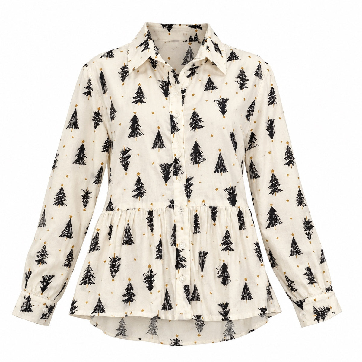 Girls Cream Rayon Button-Up Shirt with Green Tree and Gold Star Print NWT