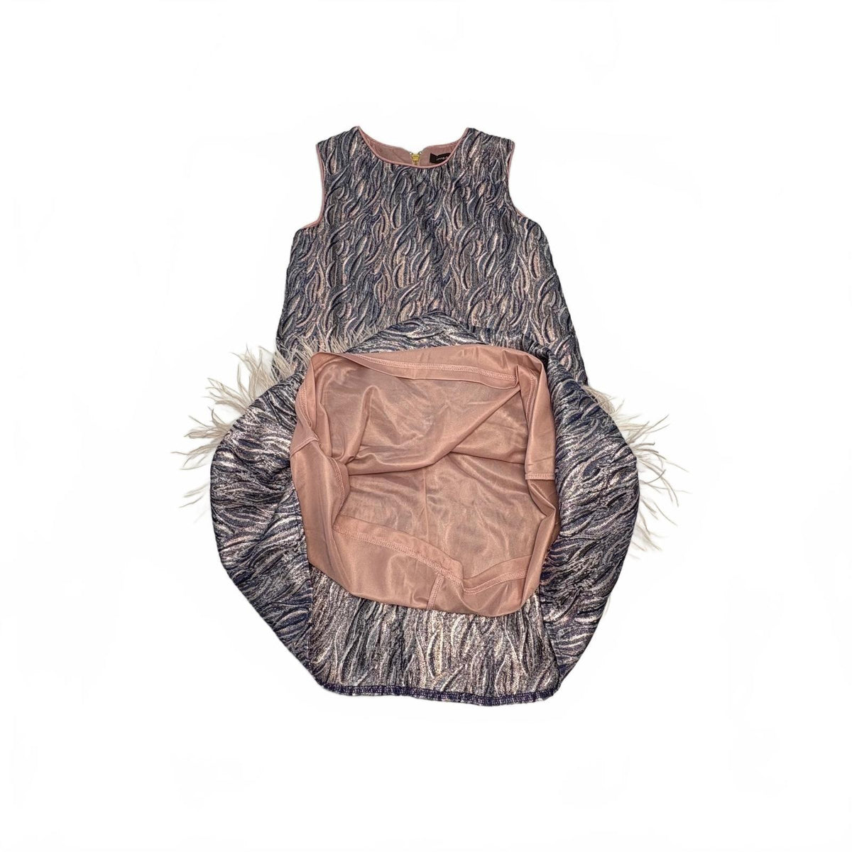 Imoga Girls' Size 10 Sleeveless Metallic Textured Dress with Feather Trim NWOT