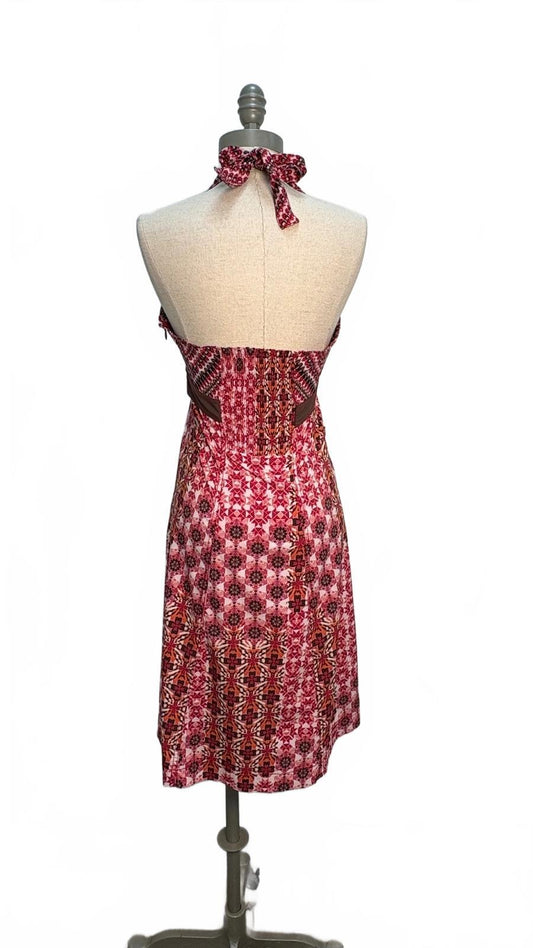 Athleta Women's Size 6 Halter Neck Summer Dress Pink and Red Geometric Pattern Preloved