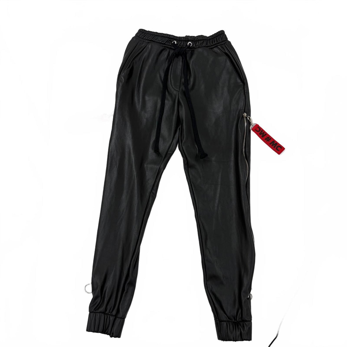 Miss City Women's Black Faux Leather Jogger Pants - Zipper Details Size Medium - Preloved