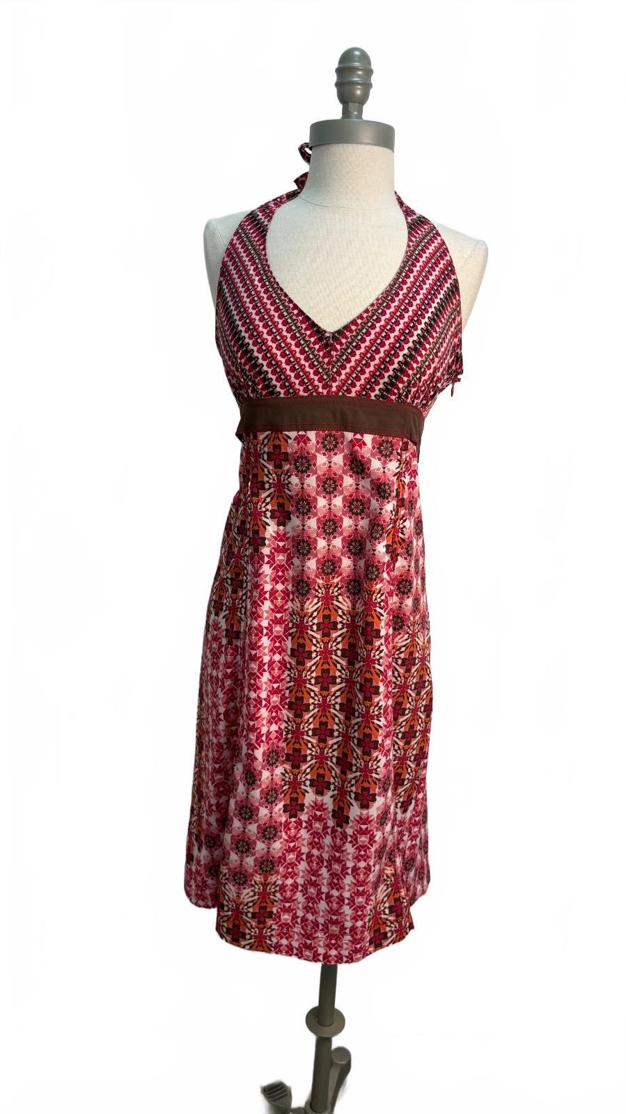 Athleta Women's Size 6 Halter Neck Summer Dress Pink and Red Geometric Pattern Preloved