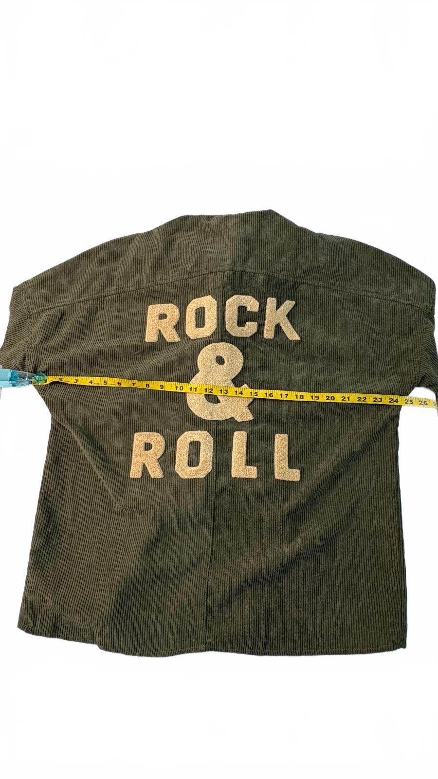 Women's Olive Green Corduroy Shirt Jacket Size S with Rock & Roll Back Design Preloved